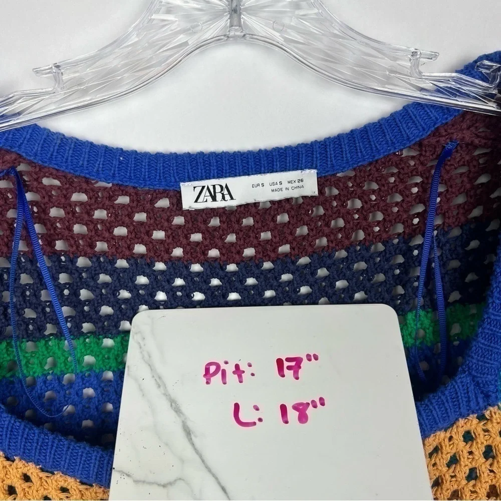 Zara women square neck crochet top size S cropped long sleeve striped multicolor - Picture 9 of 9